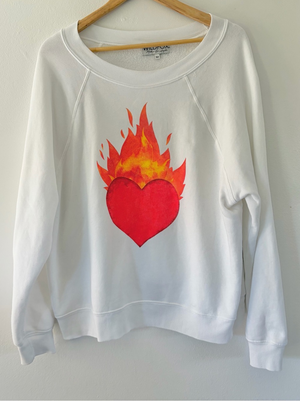 Wildfox White Burning Love Flaming Heart Long‎ Sleeve Crewneck Sweatshirt Medium